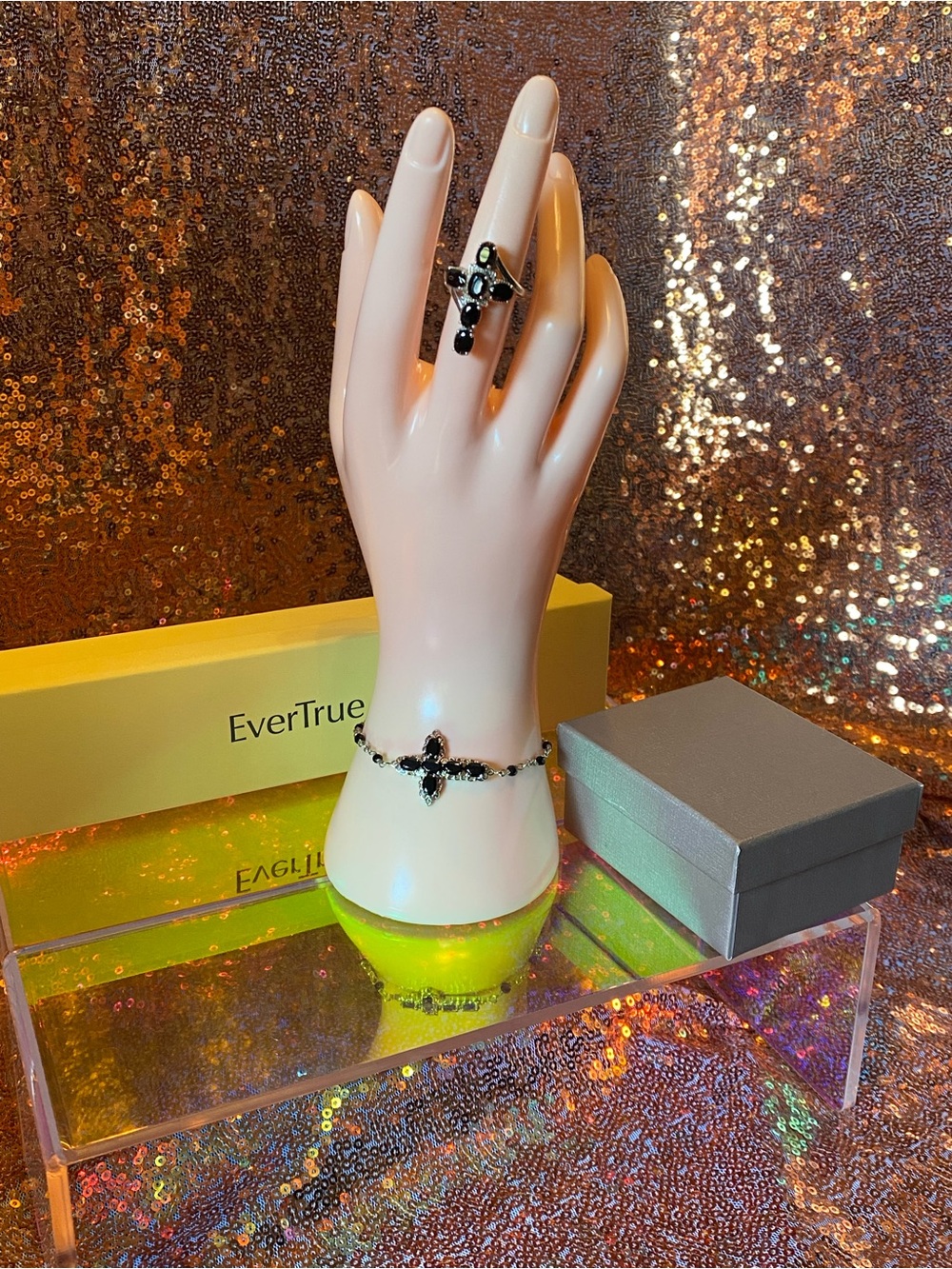 EverTrue Thai Black Spinel Cross Ring & Bracelet Set | Platinum Bond | NWT